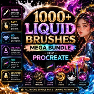 Pu&ograve; includere: Un pacchetto di arte digitale per Procreate con oltre 1000 pennelli liquidi. L'immagine mostra una donna con effetti liquidi colorati e il testo "1000+ Liquid Brushes Mega Bundle for Procreate". Include effetti liquidi, marmorei, lucidi, lamina, latte e glitter.