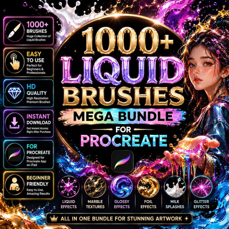 Pu&ograve; includere: Un pacchetto di arte digitale per Procreate con oltre 1000 pennelli liquidi. L'immagine mostra una donna con effetti liquidi colorati e il testo "1000+ Liquid Brushes Mega Bundle for Procreate". Include effetti liquidi, marmorei, lucidi, lamina, latte e glitter.