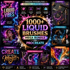 Pu&ograve; includere: Annuncio di un pacchetto di arte digitale con il testo "1000+ Liquid Brushes Mega Bundle for Procreate". L'immagine mostra esempi di utilizzo dei pennelli, tra cui design di poster, grafica per social media, copertine di album e mockup di prodotti. La tavolozza dei colori &egrave; vibrante con blu, viola e oro.