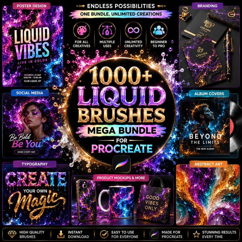 Pu&ograve; includere: Annuncio di un pacchetto di arte digitale con il testo "1000+ Liquid Brushes Mega Bundle for Procreate". L'immagine mostra esempi di utilizzo dei pennelli, tra cui design di poster, grafica per social media, copertine di album e mockup di prodotti. La tavolozza dei colori &egrave; vibrante con blu, viola e oro.