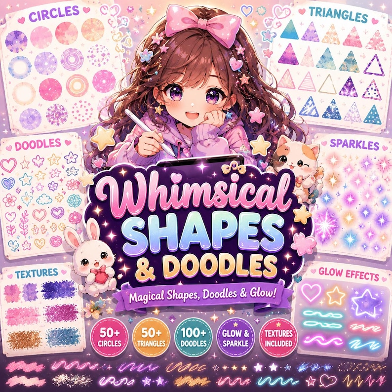 May include: Digital art graphic featuring a smiling anime-style girl with a pink bow, surrounded by colorful shapes, doodles, and textures. The title "Whimsical Shapes & Doodles" is prominently displayed, along with icons for circles, triangles, and glow effects.