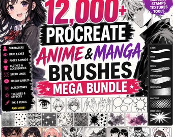 12,000+ Procreate Anime Manga Brushes Bundle, Characters, Poses, Screentones (Digital Download)