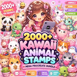 May include: A digital art illustration promoting a Procreate stamp bundle. The image features a smiling anime-style character holding a tablet, surrounded by cute animal and food illustrations. Text includes "2000+ Kawaii Animal Stamps" and "Mega Procreate Bundle."