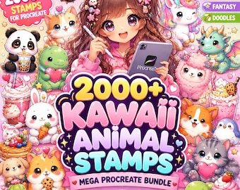 2000+ Kawaii Animal Stamps Bundle for Procreate | Food, Fantasy Creatures (Digital Download)