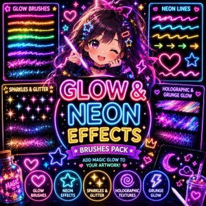 May include: A digital art graphic featuring a smiling anime-style character with glowing hair and a brush. The image promotes a "Glow & Neon Effects" brushes pack, showcasing neon lines, sparkles, and grunge glow effects. The text reads "Add magic glow to your artwork!"