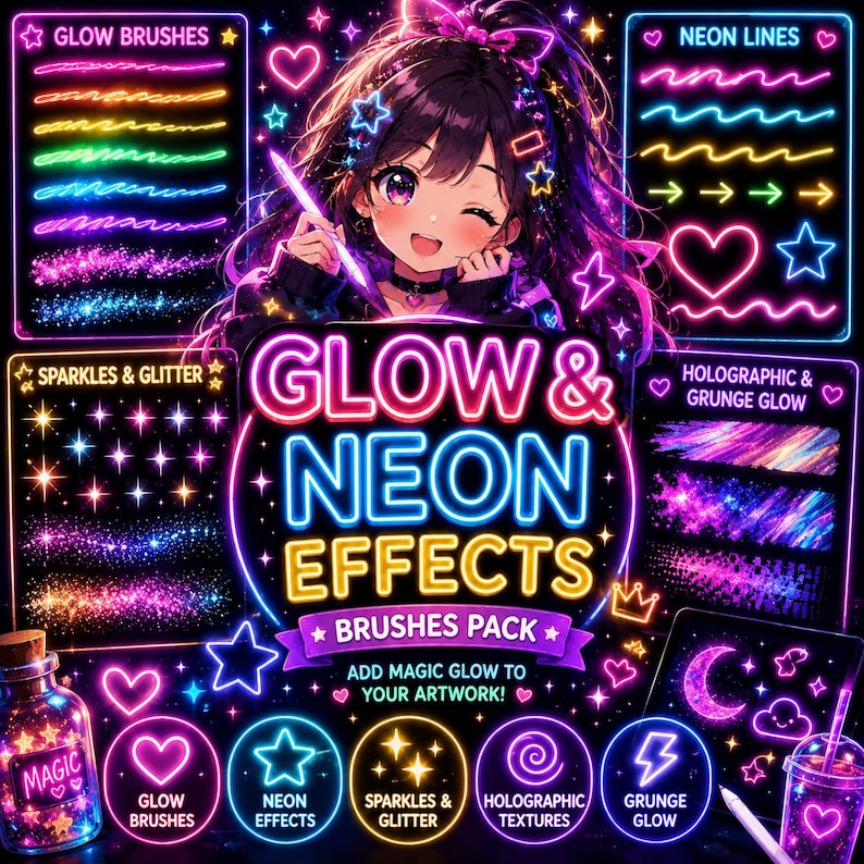 May include: A digital art graphic featuring a smiling anime-style character with glowing hair and a brush. The image promotes a "Glow & Neon Effects" brushes pack, showcasing neon lines, sparkles, and grunge glow effects. The text reads "Add magic glow to your artwork!"