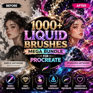 Pu&ograve; includere: Annuncio di un pacchetto di arte digitale. L'immagine presenta un confronto prima-dopo di opere d'arte, con il testo "1000+ Liquid Brushes Mega Bundle for Procreate". Le icone evidenziano caratteristiche come l'alta qualit&agrave; e la facilit&agrave; d'uso.