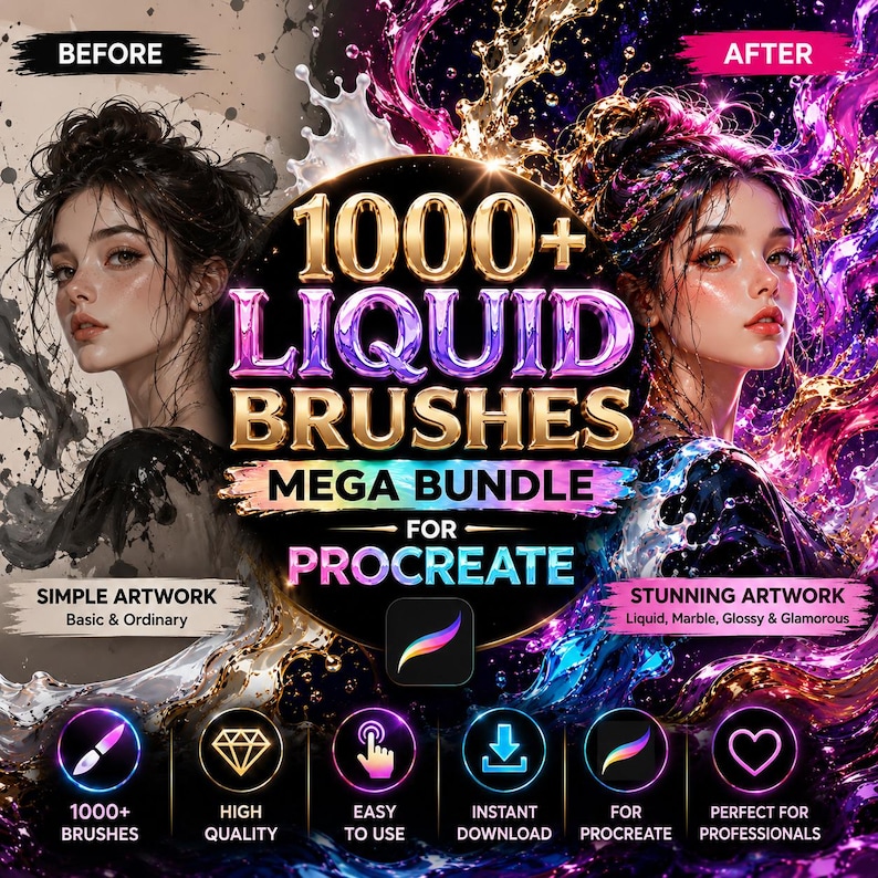 Pu&ograve; includere: Annuncio di un pacchetto di arte digitale. L'immagine presenta un confronto prima-dopo di opere d'arte, con il testo "1000+ Liquid Brushes Mega Bundle for Procreate". Le icone evidenziano caratteristiche come l'alta qualit&agrave; e la facilit&agrave; d'uso.