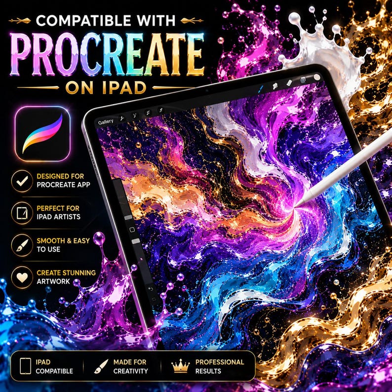 Pu&ograve; includere: Un iPad mostra un'opera d'arte digitale colorata creata con l'app Procreate. L'immagine include il testo "Compatibile con Procreate su iPad" ed evidenzia funzionalit&agrave; come "Progettato per l'app Procreate" e "Perfetto per gli artisti iPad."