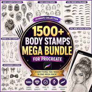May include: Digital art bundle for Procreate with over 1500 body stamps, including hair, faces, hands, feet, and accessories. The image features a variety of illustrations and the text "1500+ BODY STAMPS MEGA BUNDLE FOR PROCREATE".