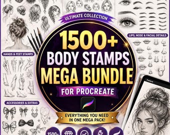 1500+ Body Stamps Mega Bundle for Procreate | Anatomy, Hair, Face, Eyes, Hands (Digital Download)