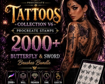 Procreate Butterfly Sword Tattoo Stamps Bundle, Floral Line Art Brushes (Digital Download)