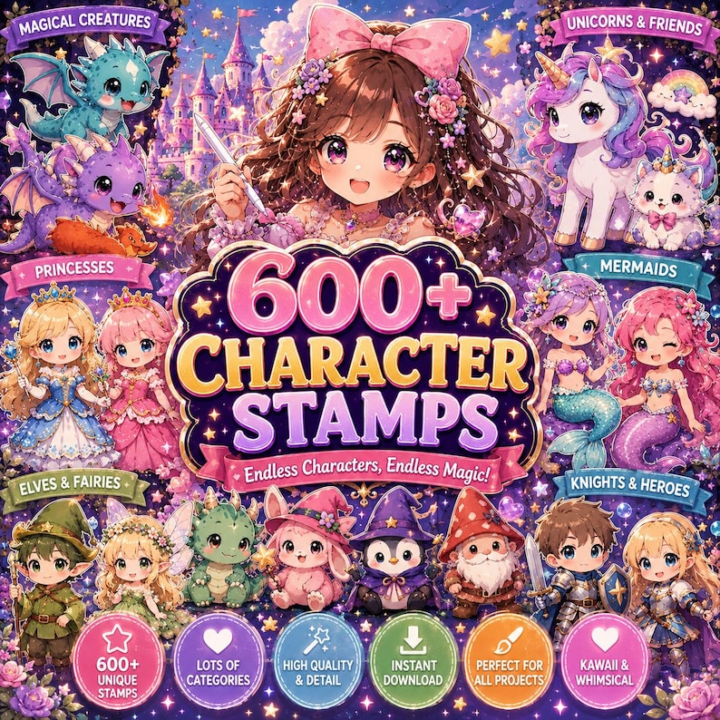 May include: A digital art graphic featuring a central illustration of a girl with a pink bow, surrounded by various fantasy characters. The image includes text that reads "600+ CHARACTER STAMPS" and "Endless Characters, Endless Magic!"