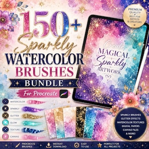 May include: A digital art bundle for Procreate featuring over 150 sparkly watercolor brushes, glitter effects, and watercolor textures. The image displays a tablet with colorful artwork, a stylus, and various digital paper samples. The text reads "Create Magical Sparkly Artwork."