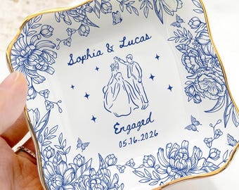 Ceramiczna podstawka na pierścionek zaręczynowy, Toile De Jouy, prezent ślubny, spersonalizowana podstawka na pierścionek z imieniem pary, stojak na obrączki ślubne, prezent na wieczór panieński