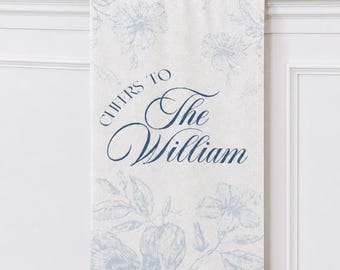 Personalized Wedding Welcome banner, Custom Toile De Jouy Welcome Banner For Wedding, Fabric Bar Menu Banner, Linen Cotton, Name Date sign
