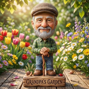May include: A wooden figurine of an elderly man in a green plaid shirt, blue jeans, and a brown cap, holding a cane. The figurine stands on a wooden base with the words "Grandpa's Garden" and is surrounded by colorful flowers.
