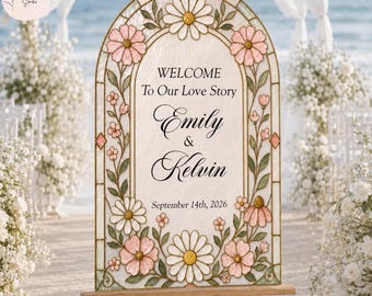 Letrero de bienvenida para bodas con estampado floral de vidrieras sintéticas, letrero de bienvenida para bodas en acrílico, letreros de bienvenida para bodas con flores silvestres, decoración para bodas