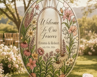 Letrero de bienvenida de boda personalizado con nombre en imitación de vidriera, letrero de bienvenida de boda de acrílico, letreros de bienvenida de flores silvestres para nuestra boda, decoración de boda
