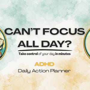 Puede incluir: Un anuncio para un planificador de acción diario para el TDAH. La imagen presenta el texto "CAN'T FOCUS ALL DAY?" y "Take control of your day in minutes." La imagen incluye una ilustración del cerebro y un retrato de un hombre.