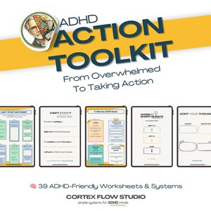 ADHDアクションツールキット | ADHDプランナー（印刷可能） | タスク麻痺ワークブック | 実行機能障害サポート | 圧倒感リセットPDF
