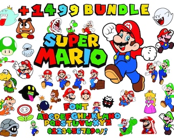 Super Mario SVG Bundle pour Cricut et sublimation | PNG, cliparts et polices de caractères de Mario | Mario Family couches SVG coupe fichiers dessin animé Svg