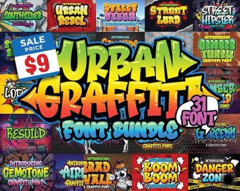 Lot de 31 polices Urban Graffiti - police Graffiti - Art mural police - police de jeu - Stickers police décoration - téléchargement numérique - polices de caractères Svg
