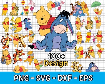 Ensemble de 100 + cliparts Winnie l'ourson : fichiers de coupe SVG pour Cricut/Silhouette, clipart ourson ours, personnages de dessins animés Svg Png Dxf Eps,