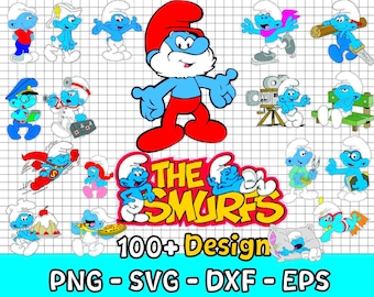 Schtroumpfs de dessin animé, plus de 100 fichiers Svg Schtroumpfs, lot de Schtroumpfs de dessin animé mignon, décoration de fête d'anniversaire, téléchargement numérique immédiat