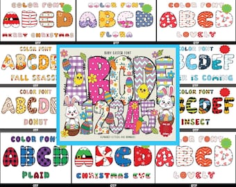 Bundle PNG de polices de caractères - Floral printanier, Pâques, Saint-Valentin, rétro, Halloween, Noël, lettres de griffonnage, ensembles alpha de sublimation