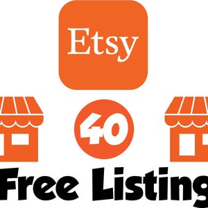 Peut inclure: Logo Etsy orange avec le mot "Etsy" en blanc. En dessous, deux boutiques orange et un cercle avec le chiffre "40" en blanc. Les mots "Free Listing" sont en noir.
