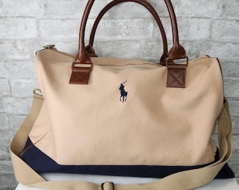 Vintage 90s Polo Ralph Lauren Duffle Bag Tan Canvas Travel Weekender Large