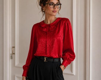 Bill Blass Blouse Red Jacquard Floral Ruffled Collar Vintage 80s Size 14