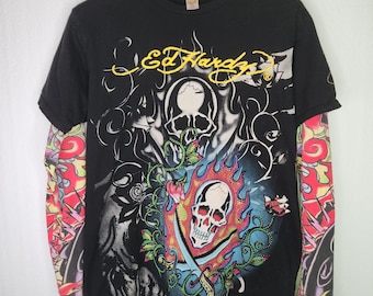 Vintage RARE Ed Hardy by Christian Audigier Shirt Layered Sleeve Black XL