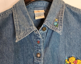 Disney Store Vintage 90s Winnie Pooh Piglet Embroidered Denim Shirt XXL