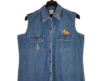 Disney Store Vintage 90s Winnie Pooh Piglet Embroidered Denim Shirt XXL