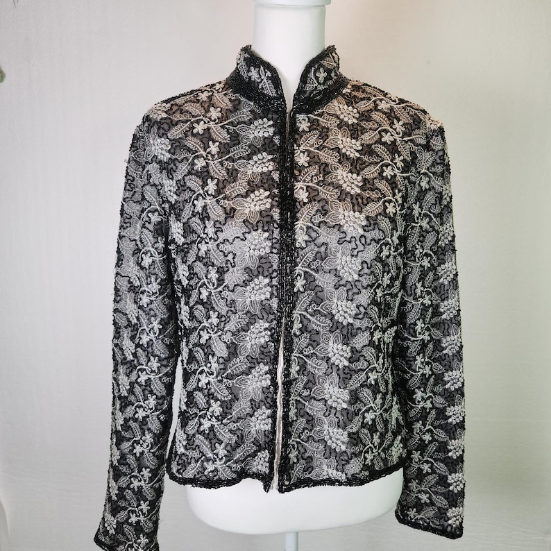 Adrianna Papell Jacket Beaded Embroidered Silk Evening Vintage 90s Petite Large image 2