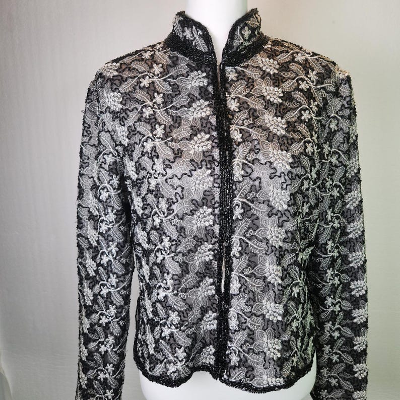 Adrianna Papell Jacket Beaded Embroidered Silk Evening Vintage 90s Petite Large image 5