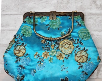 Vintage 90s Evening Bag Turquoise Beaded Silk Floral Kiss Lock Metal Handles