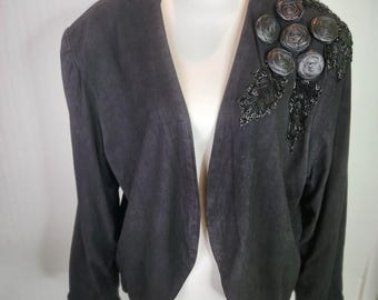 Judith Ann Creations Vintage 80s Black Leather Bolero 2X Coiled Roses