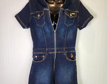 Pagliaccetto in denim Baby Phat con zip frontale, lavaggio scuro, blu, streetwear anni 2000, raro, taglia M