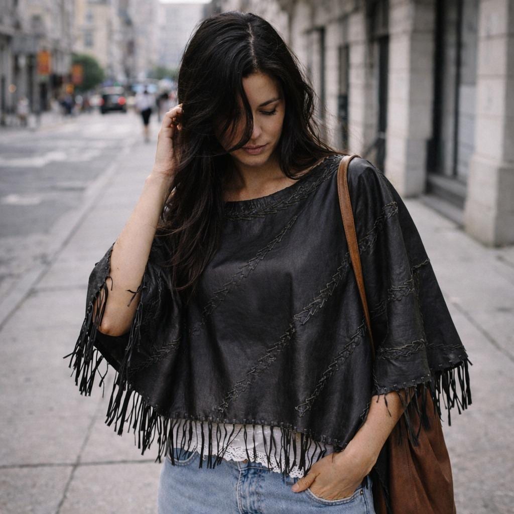 Newport News Vintage Leather Fringe Poncho Black Whipstitch 90s