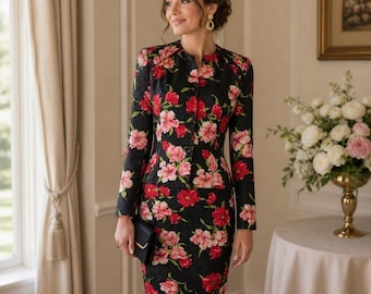 リズ・クレイボーン 花柄シルク調スカートスーツ ヴィンテージスタイル、レッドピンクブラックジャケットミディスカート