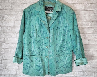 Terry Lewis Blazer Teal Snakeskin Print Genuine Leather Vintage 90s Artsy Large