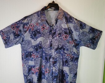 Camicia da uomo T. Corner Thai Silk stile anni '90, a maniche corte, con colletto a campana e bottoni, taglia XL
