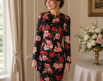 Liz Claiborne Skirt Suit 2 Piece Floral Silk Feel Vintage Style Red Pink Black 8