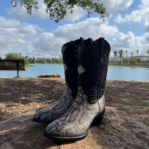May include: A pair of cowboy boots with a snakeskin pattern on the lower part and black leather uppers. The boots are set on a rock with a lake and sky in the background.