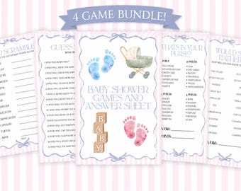 Baby Shower Game Bundle, Pink Blue Footprints, Stroller (Digital Download)