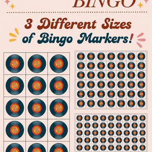 May include: A retro-themed bingo game with the text "70's BINGO." The game features three different sizes of bingo markers, each designed as a vinyl record. The color scheme includes shades of orange, yellow, and blue.
