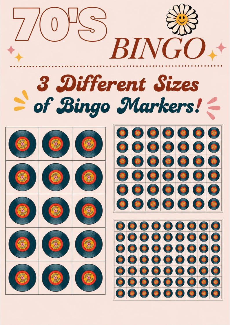 May include: A retro-themed bingo game with the text "70's BINGO." The game features three different sizes of bingo markers, each designed as a vinyl record. The color scheme includes shades of orange, yellow, and blue.
